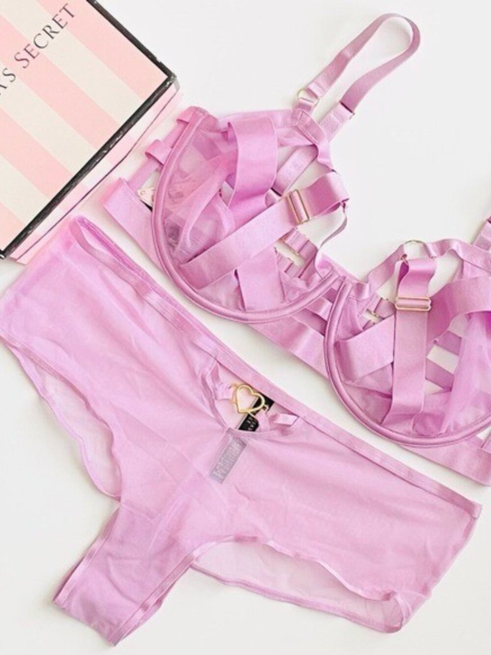34D SMALL Victoria’s Secret lilac harness strappy bra set cheeky panty